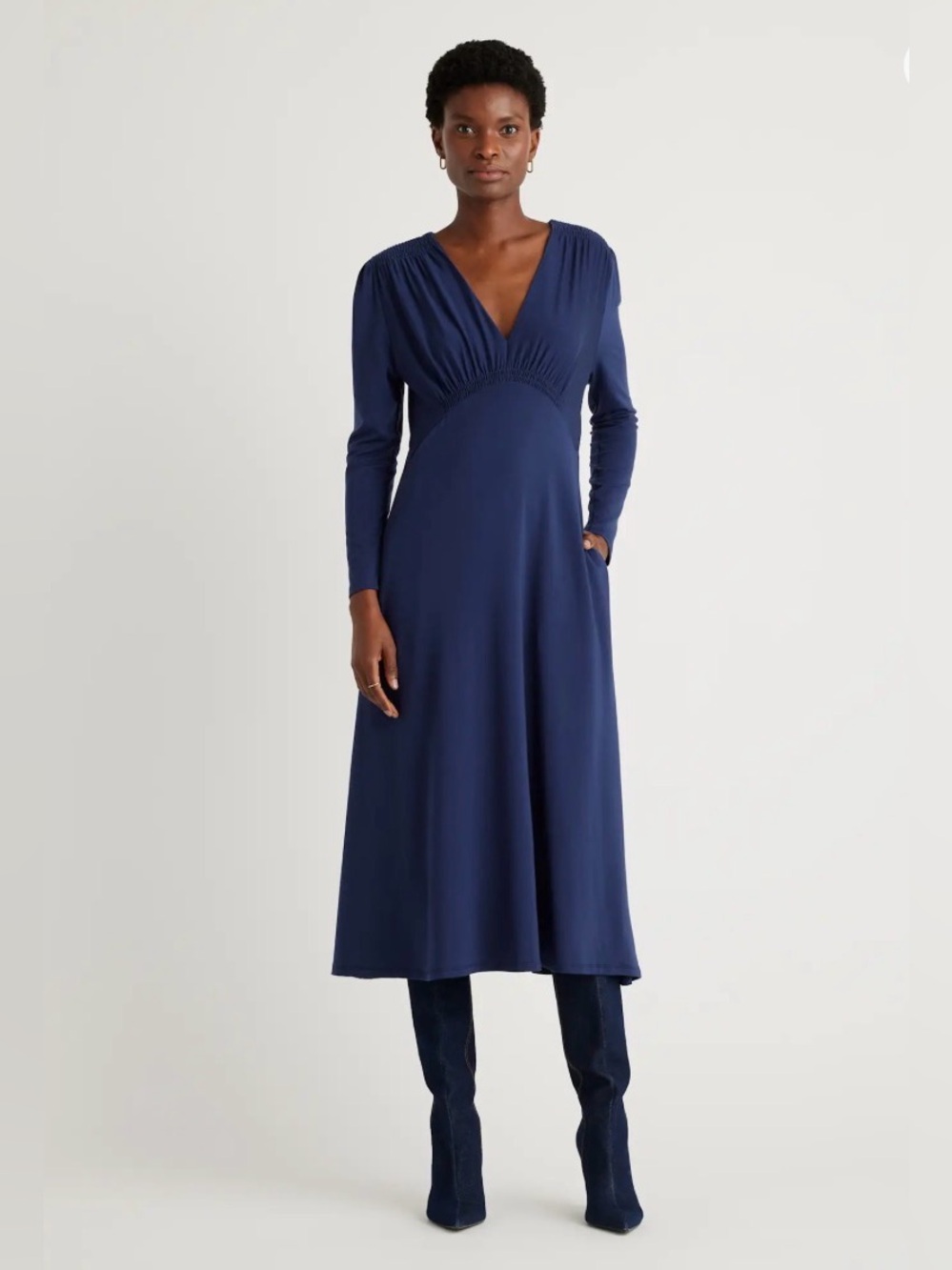 Quince Tencel Jersey V-Neck Long Sleeve Empire Midi Dress NWT Small Navy